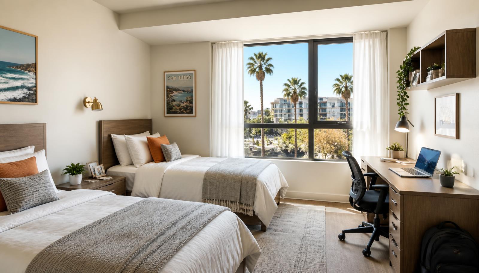 Interior de apartamento estudantil em San Diego, com cozinha equipada e quarto ao fundo