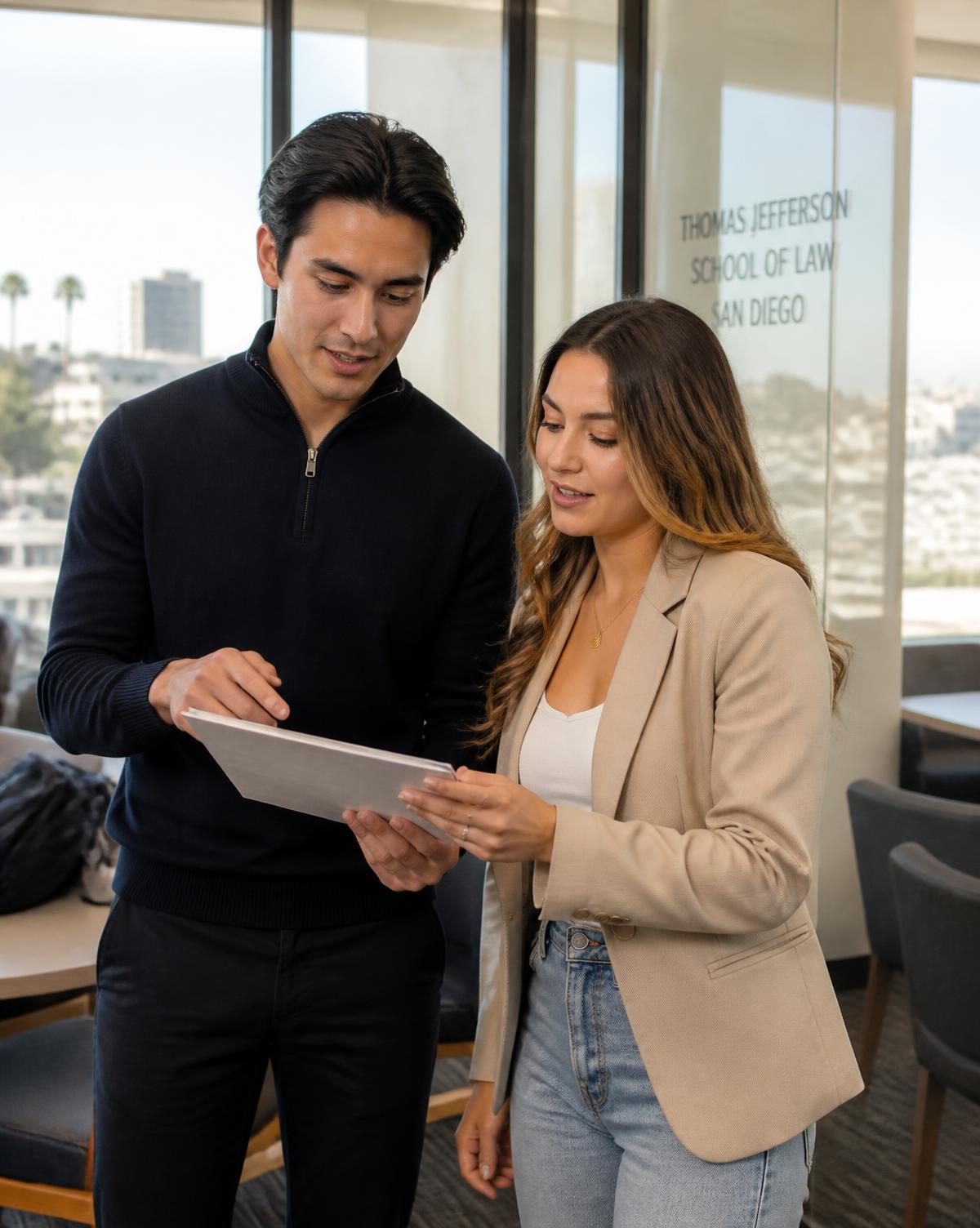 Dois estudantes de Direito discutindo documentos em um espaço de estudo em San Diego