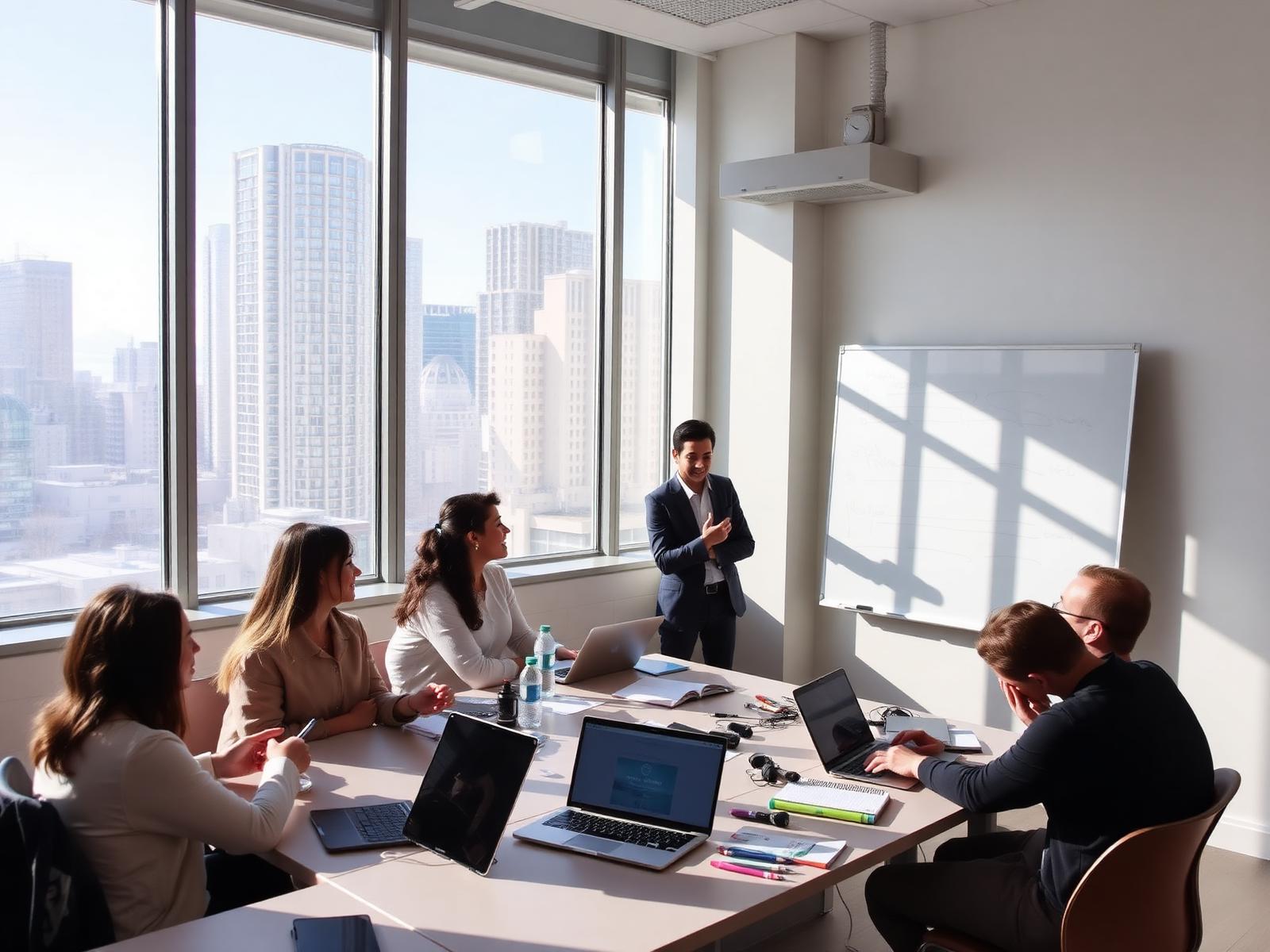 Turma internacional em sala de aula iluminada na CEL Vancouver, com vista para a cidade
