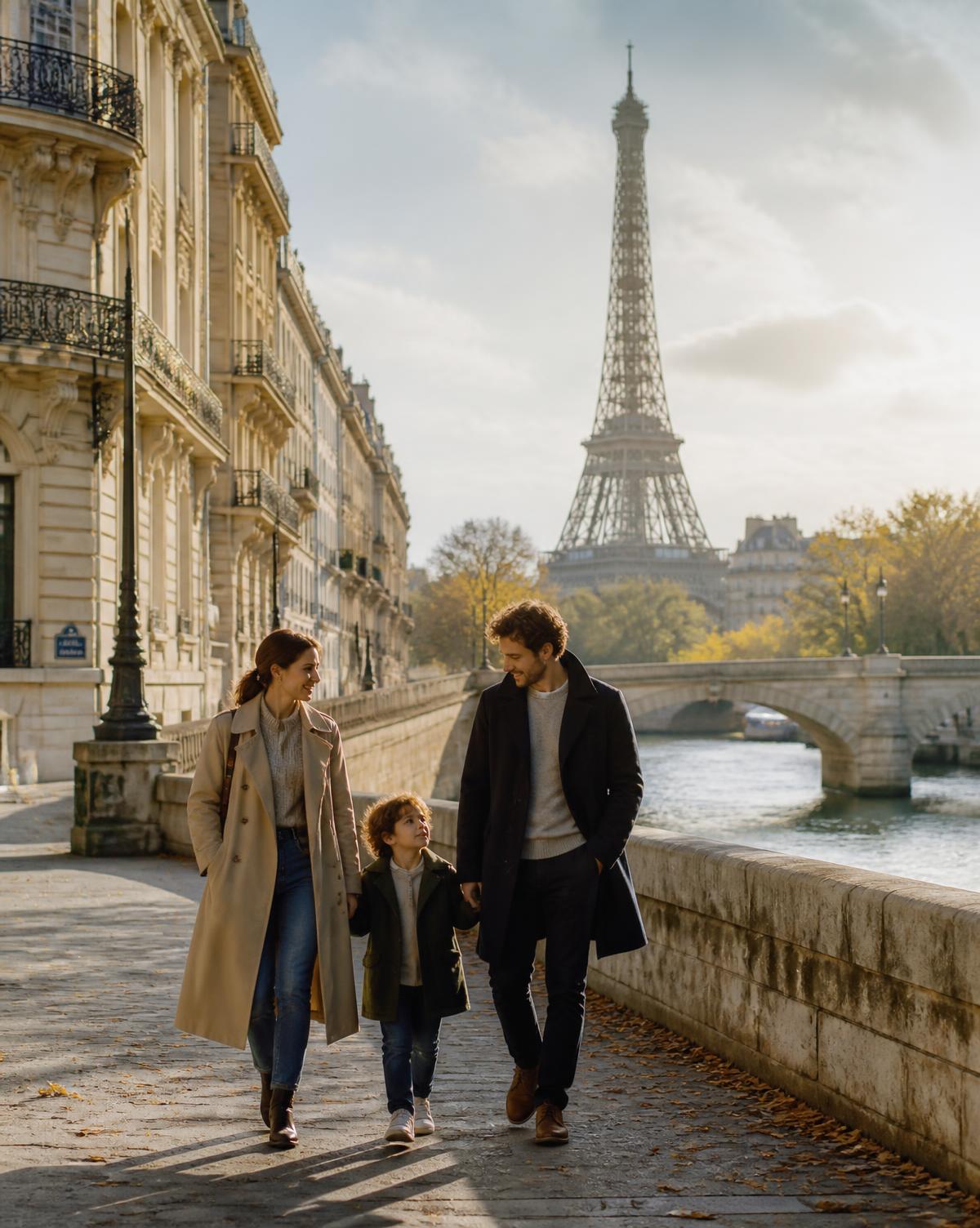 Família caminhando às margens do Sena com a Torre Eiffel ao fundo