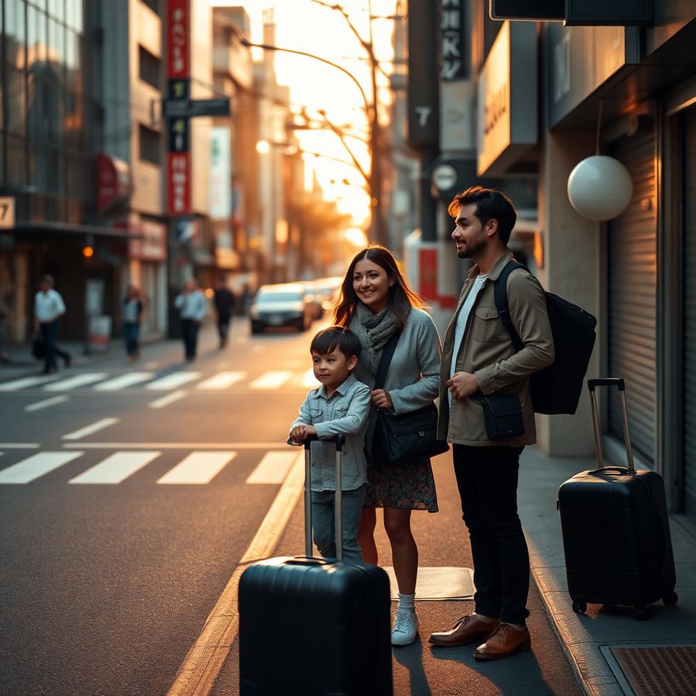 Família recém-chegada a Tokyo em uma rua tranquila, ao entardecer