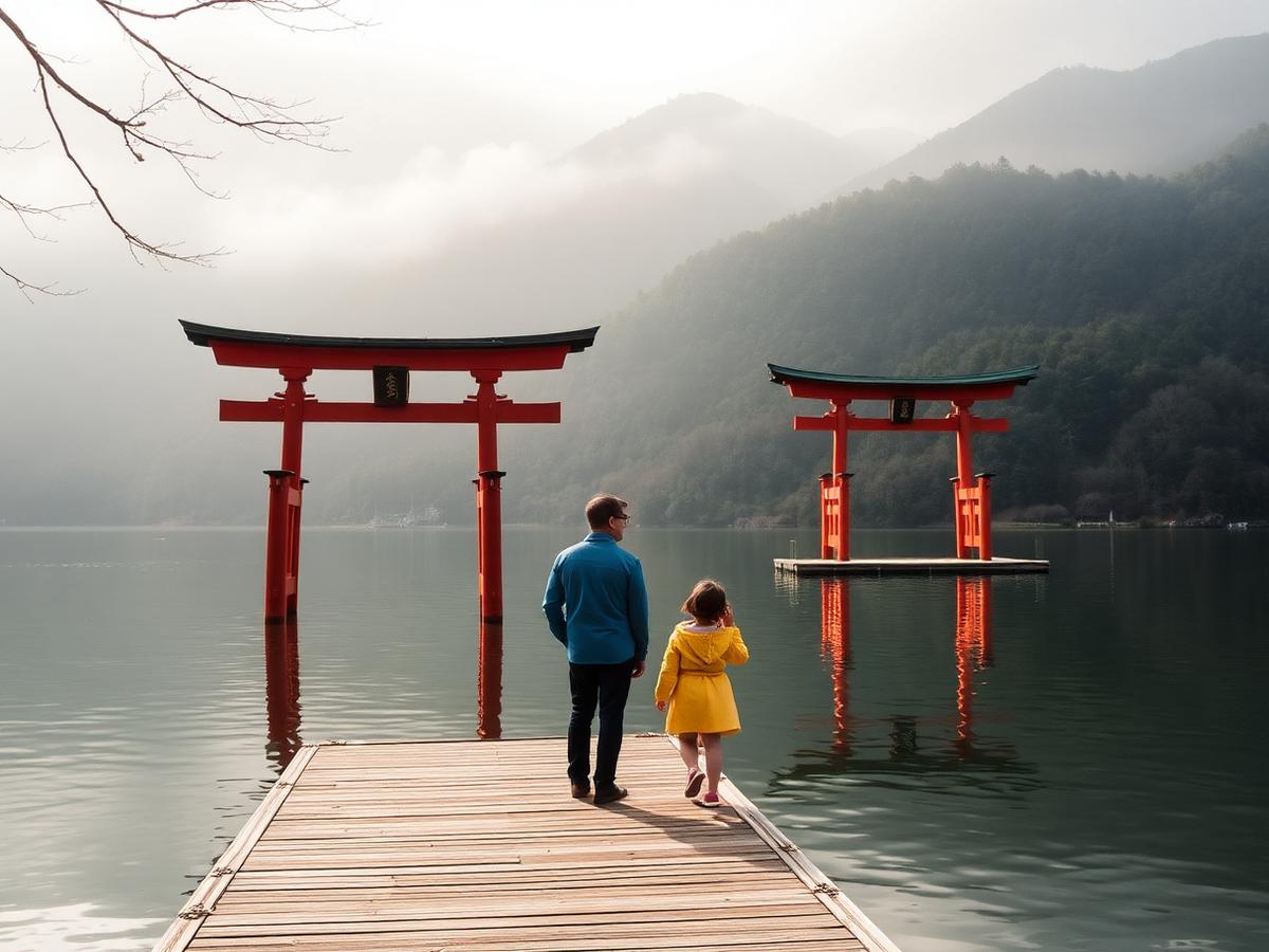 Pai e filha diante do torii vermelho às margens do Lago Ashi, em Hakone