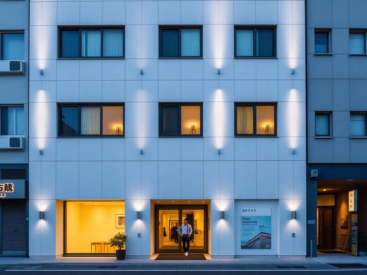Fachada de hotel contemporâneo próximo à estação de Kyoto ao anoitecer