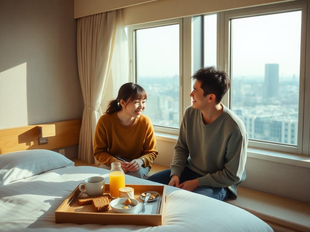 Família em quarto de hotel no Japão com café da manhã e vista da cidade pela manhã