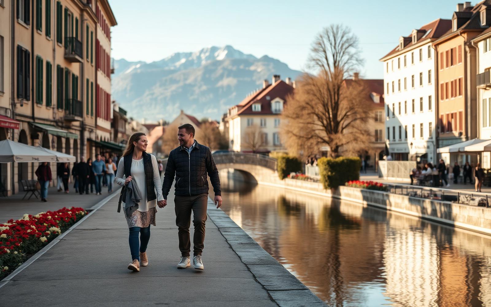 Família caminhando pelos canais floridos de Annecy com os Alpes ao fundo